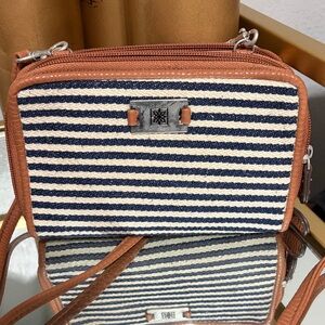 Rossetti Navy and Cream Crossbody Wallet Bag with Tan Trim